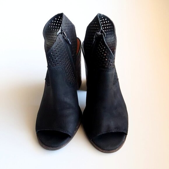 Lucky Brand Black Nubuck Perforated Leather Block Heel Open Toe Bootie Shoes 7.5 - Picture 13 of 16